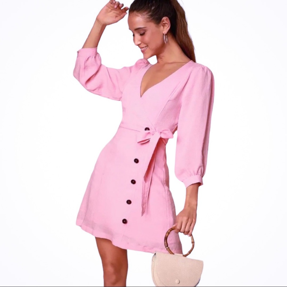 LULU's Shimmery Pink Aja Three-Quarter
Balloon Sleeve Mini Dress